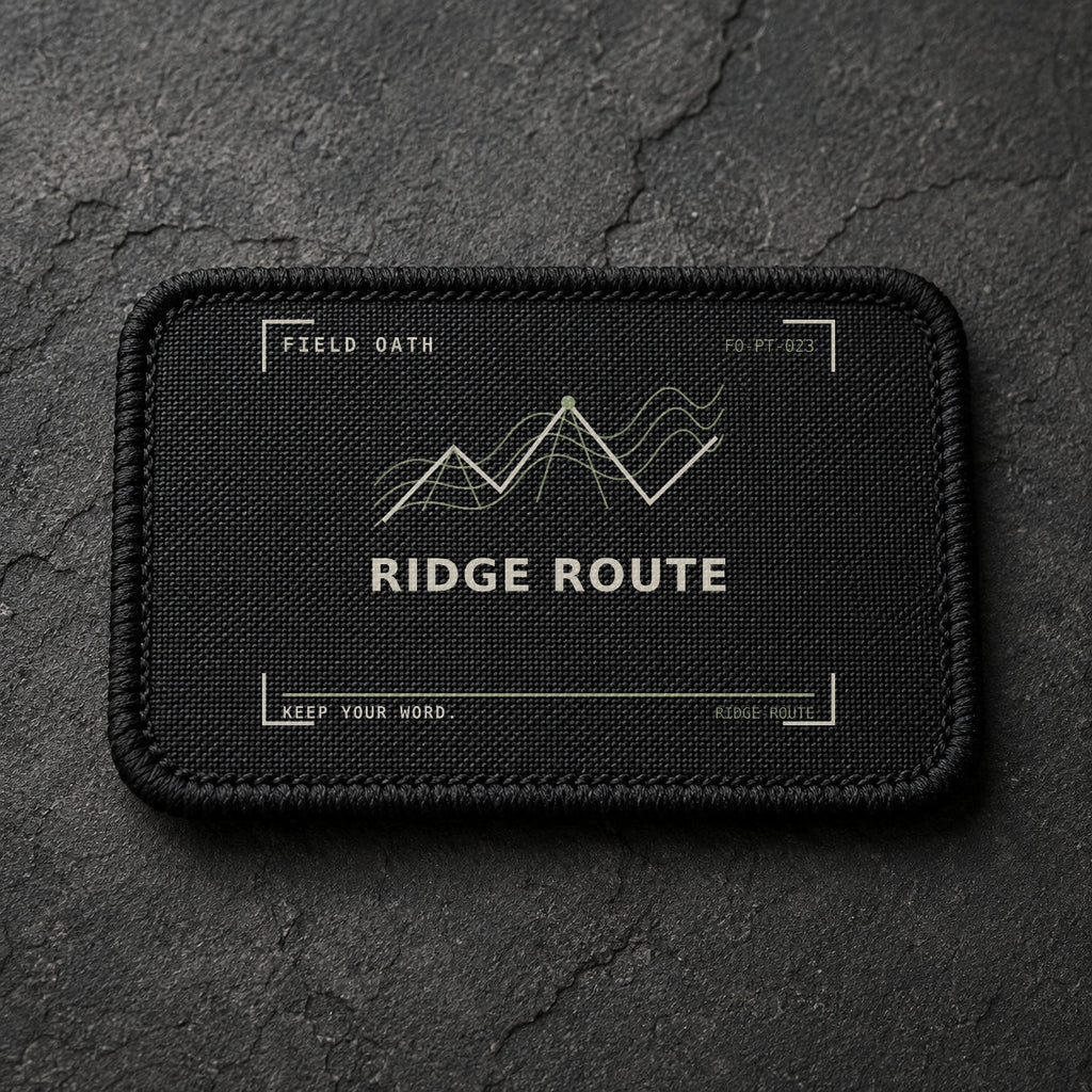 FIELD OATH Ridge Route Patch rectangular black embroidered patch with original FIELD OATH artwork