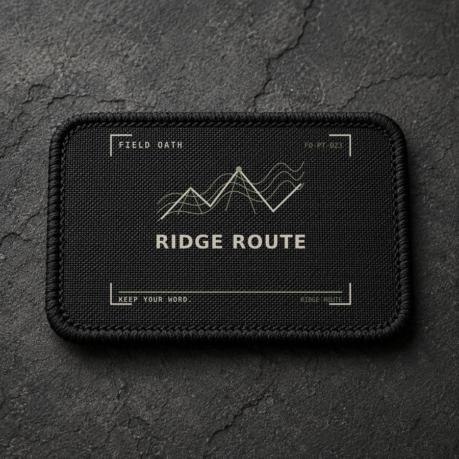 FIELD OATH Ridge Route Patch rectangular black embroidered patch with original FIELD OATH artwork
