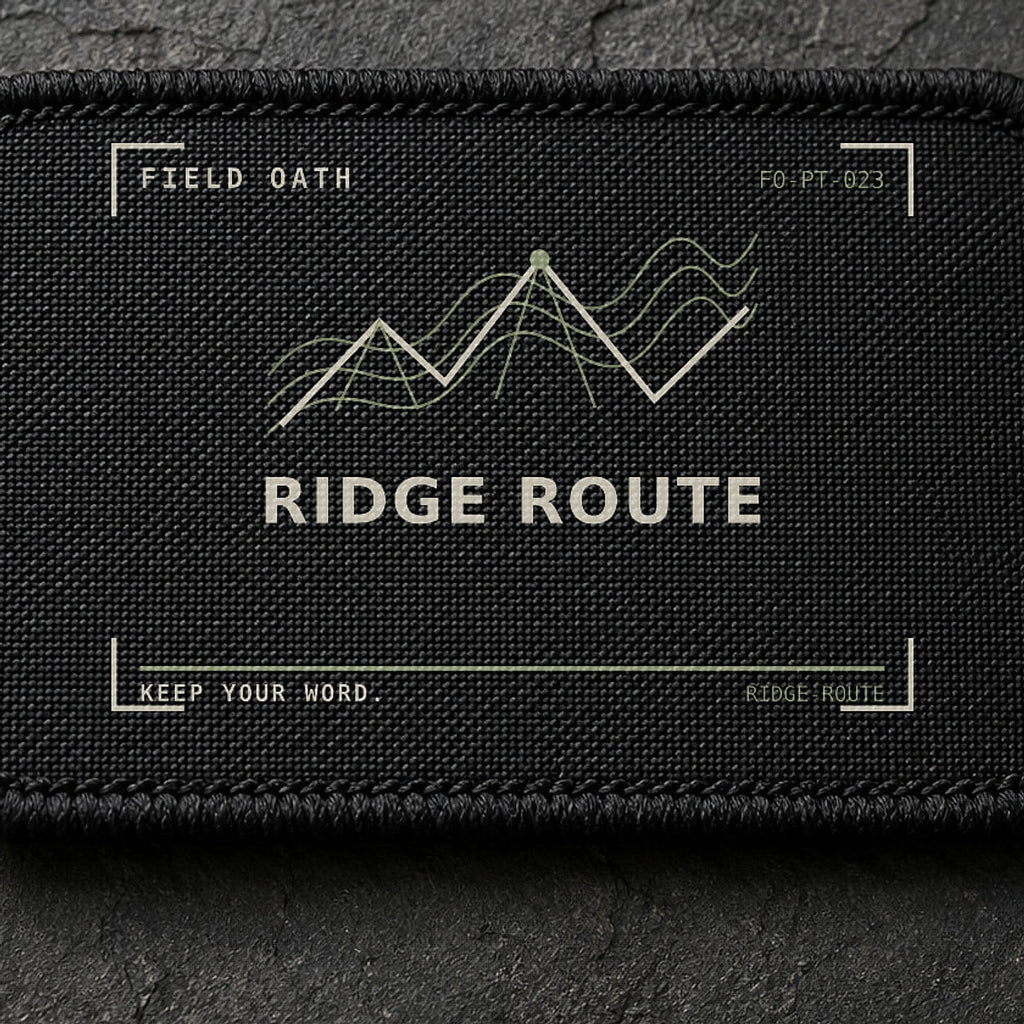 FIELD OATH Ridge Route Patch close-up showing woven face, stitched border and embroidery detail