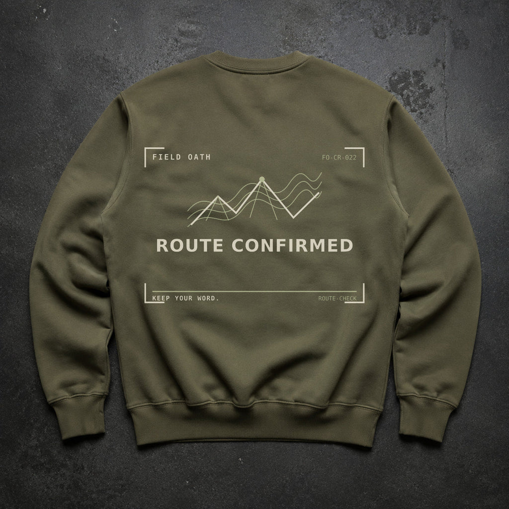 FIELD OATH Route Confirmed Crewneck field olive crewneck large back artwork on dark concrete