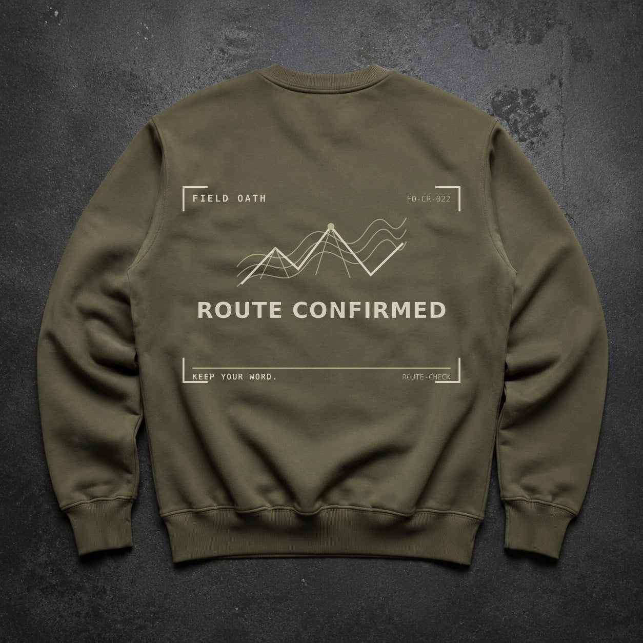 FIELD OATH Route Confirmed Crewneck field olive crewneck large back artwork on dark concrete