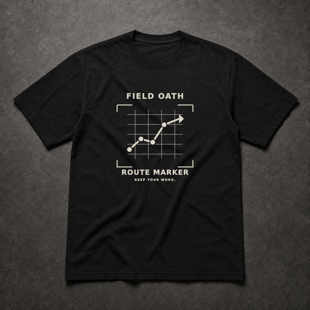 Black FIELD OATH Route Marker T-Shirt front flat lay with connected waypoint grid graphic