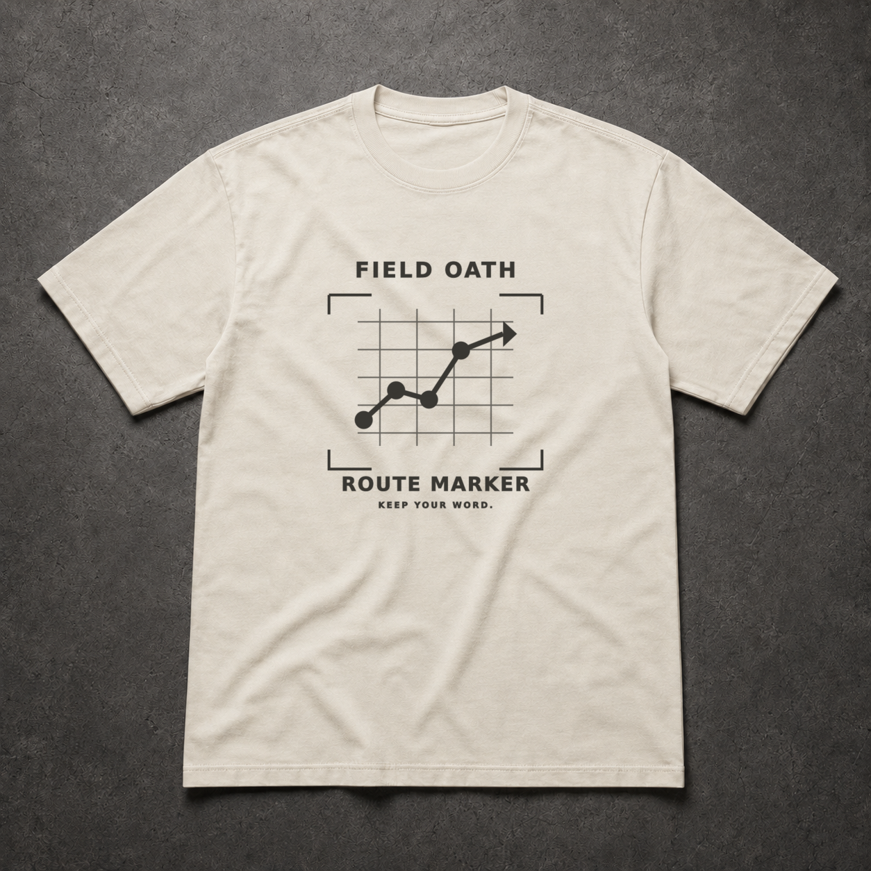 Bone FIELD OATH Route Marker T-Shirt front flat lay with matching waypoint grid artwork