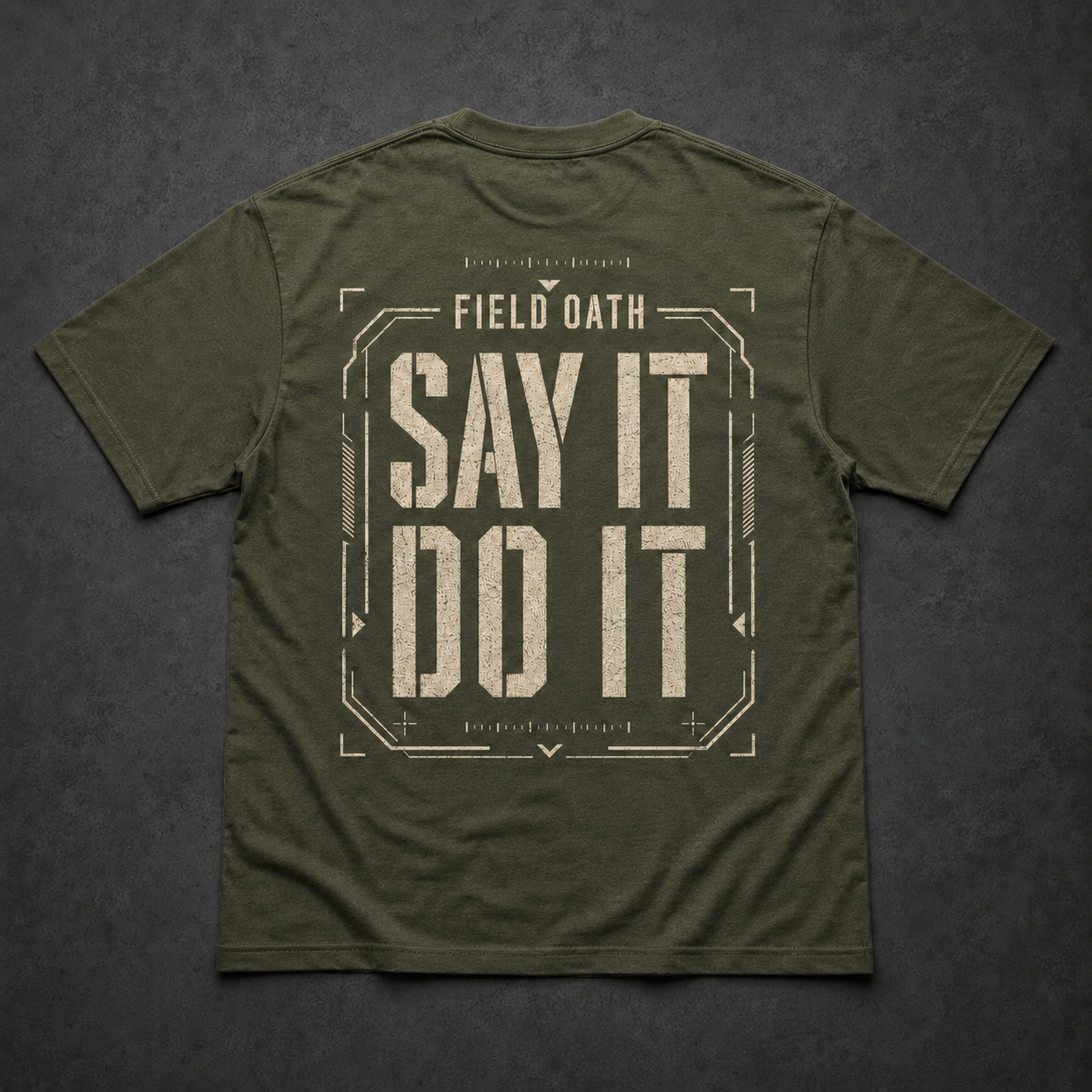 Field olive FIELD OATH Say It Do It T-Shirt back flat lay with matching command artwork