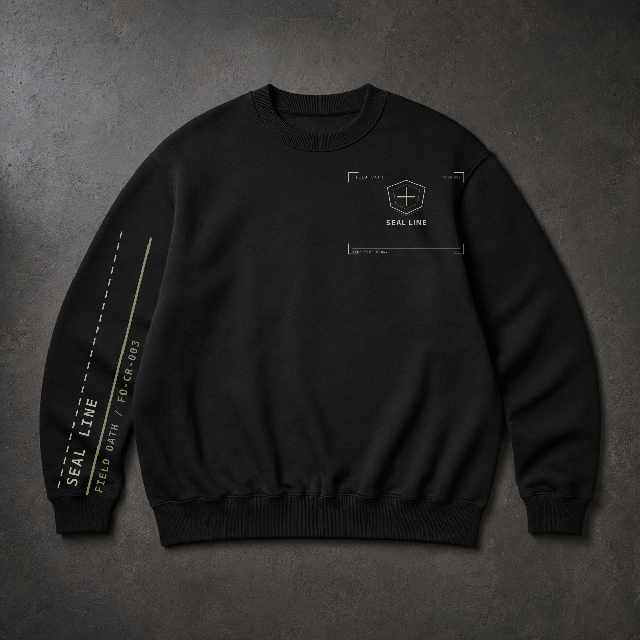 FIELD OATH Seal Line Crewneck black crewneck front artwork on dark concrete