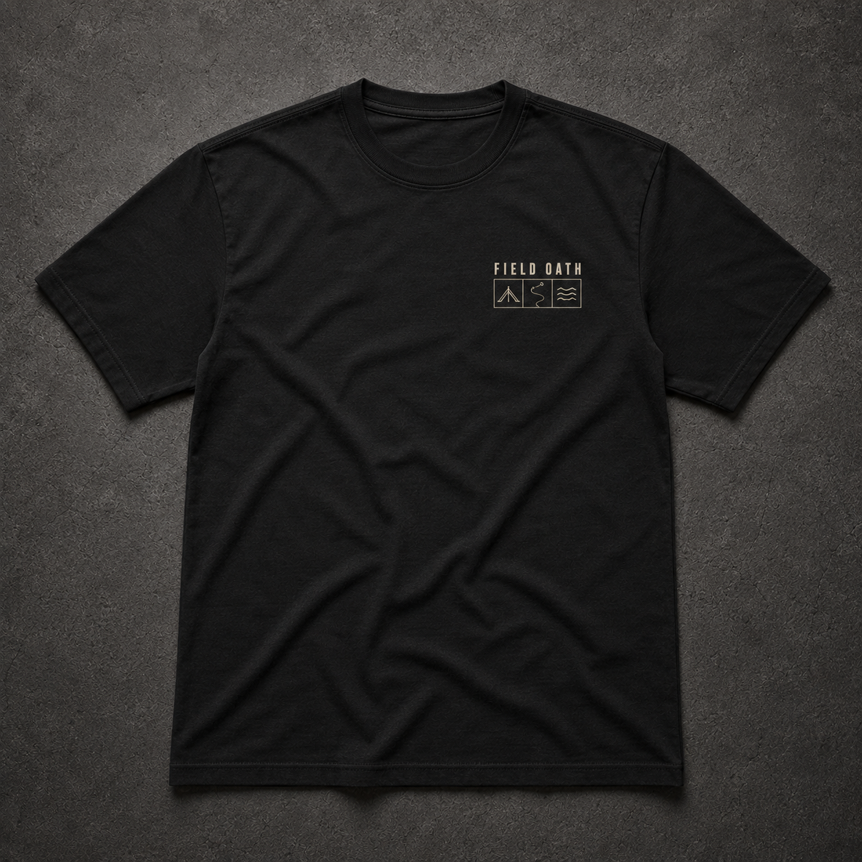 Black FIELD OATH Shelter Route Water T-Shirt front flat lay with modular field-grid chest identifier
