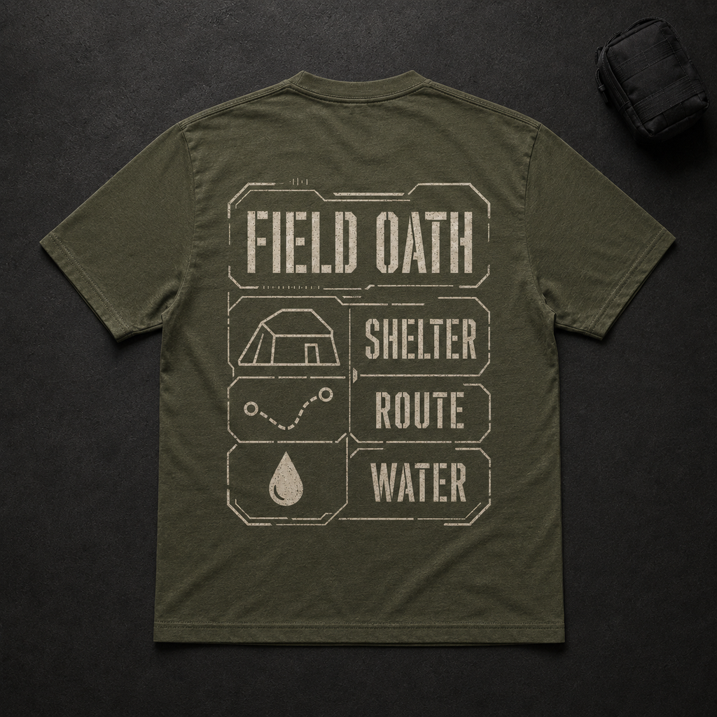 Field olive FIELD OATH Shelter Route Water T-Shirt back flat lay with shelter route and water grid graphic