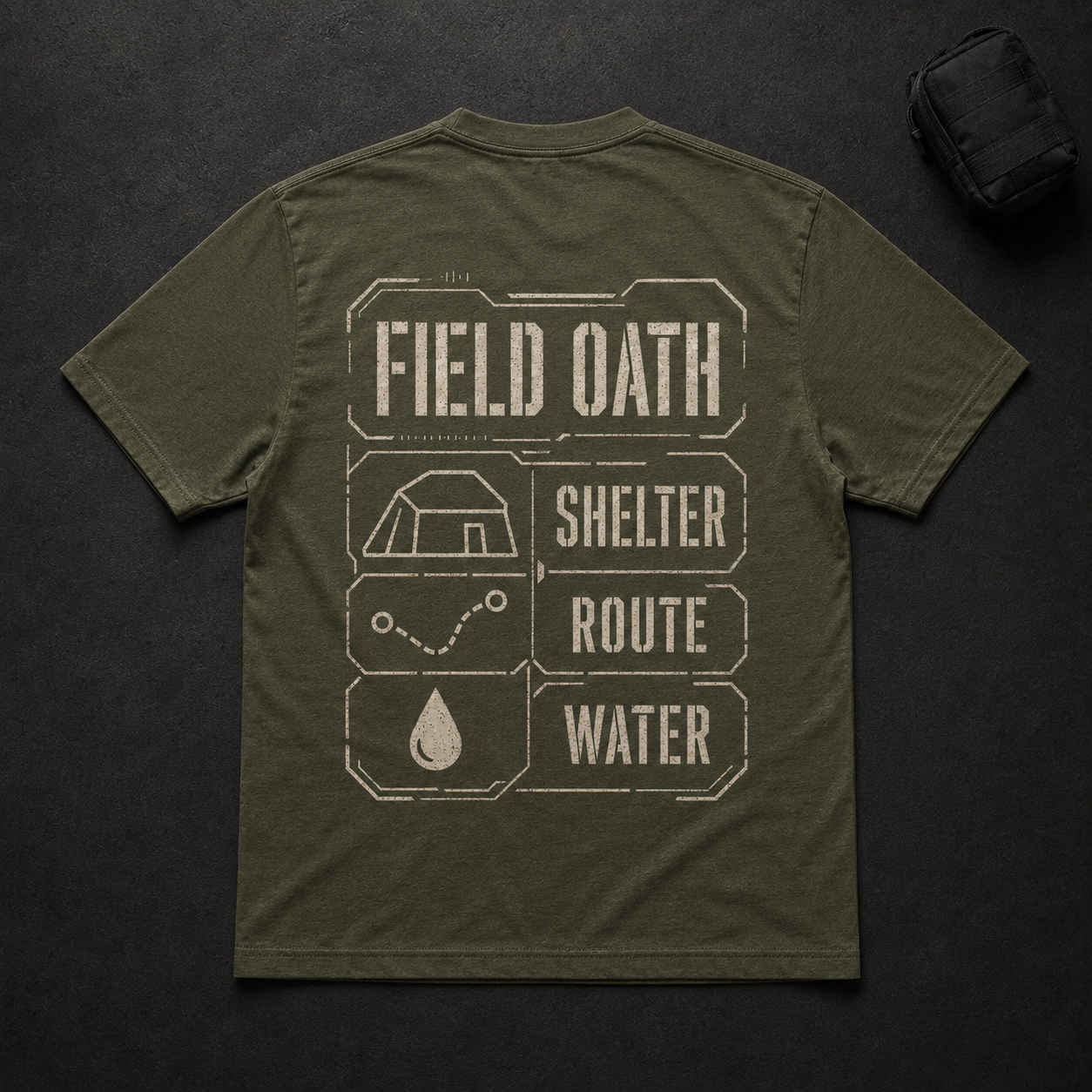 Field olive FIELD OATH Shelter Route Water T-Shirt back flat lay with shelter route and water grid graphic