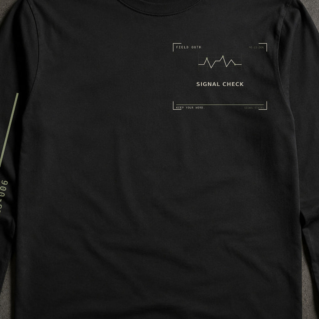 FIELD OATH Signal Check Long Sleeve close-up of original tactical artwork and fabric texture