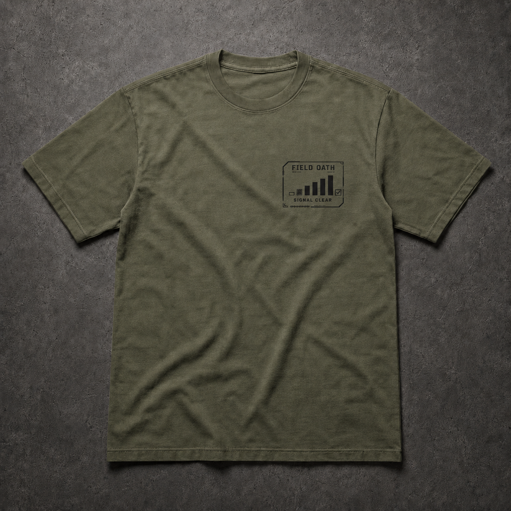 Field olive FIELD OATH Signal Clear T-Shirt front flat lay with matching left-chest radio signal bar graphic