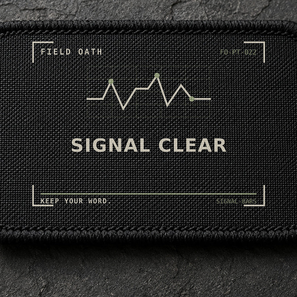 FIELD OATH Signal Clear Patch close-up showing woven face, stitched border and embroidery detail