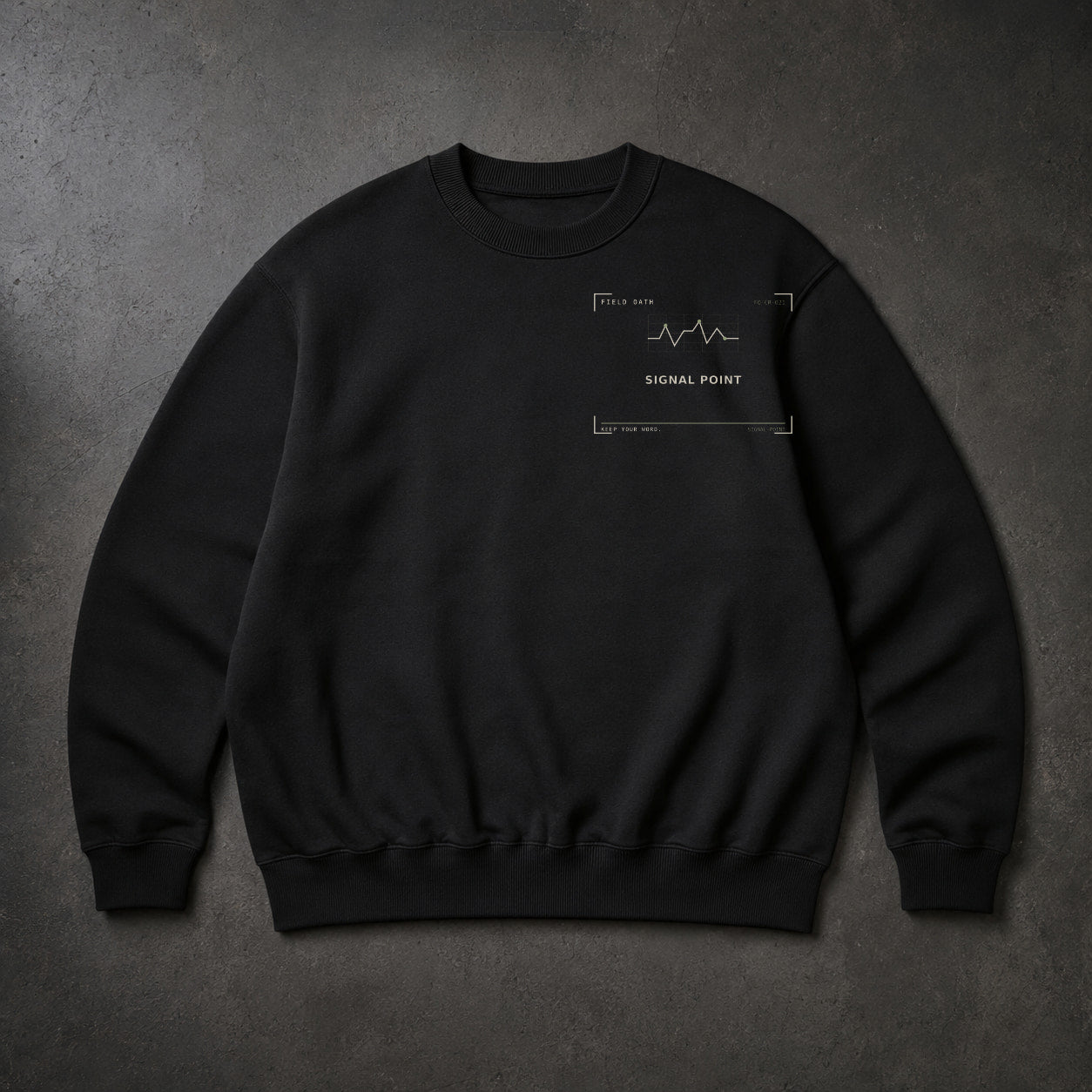 FIELD OATH Signal Point Crewneck black crewneck front artwork on dark concrete