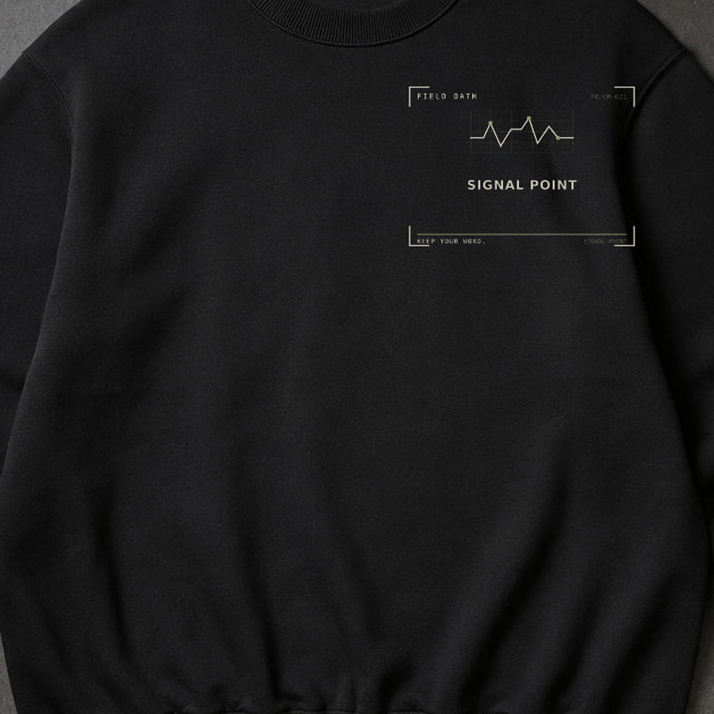FIELD OATH Signal Point Crewneck close-up of original tactical artwork and fabric texture
