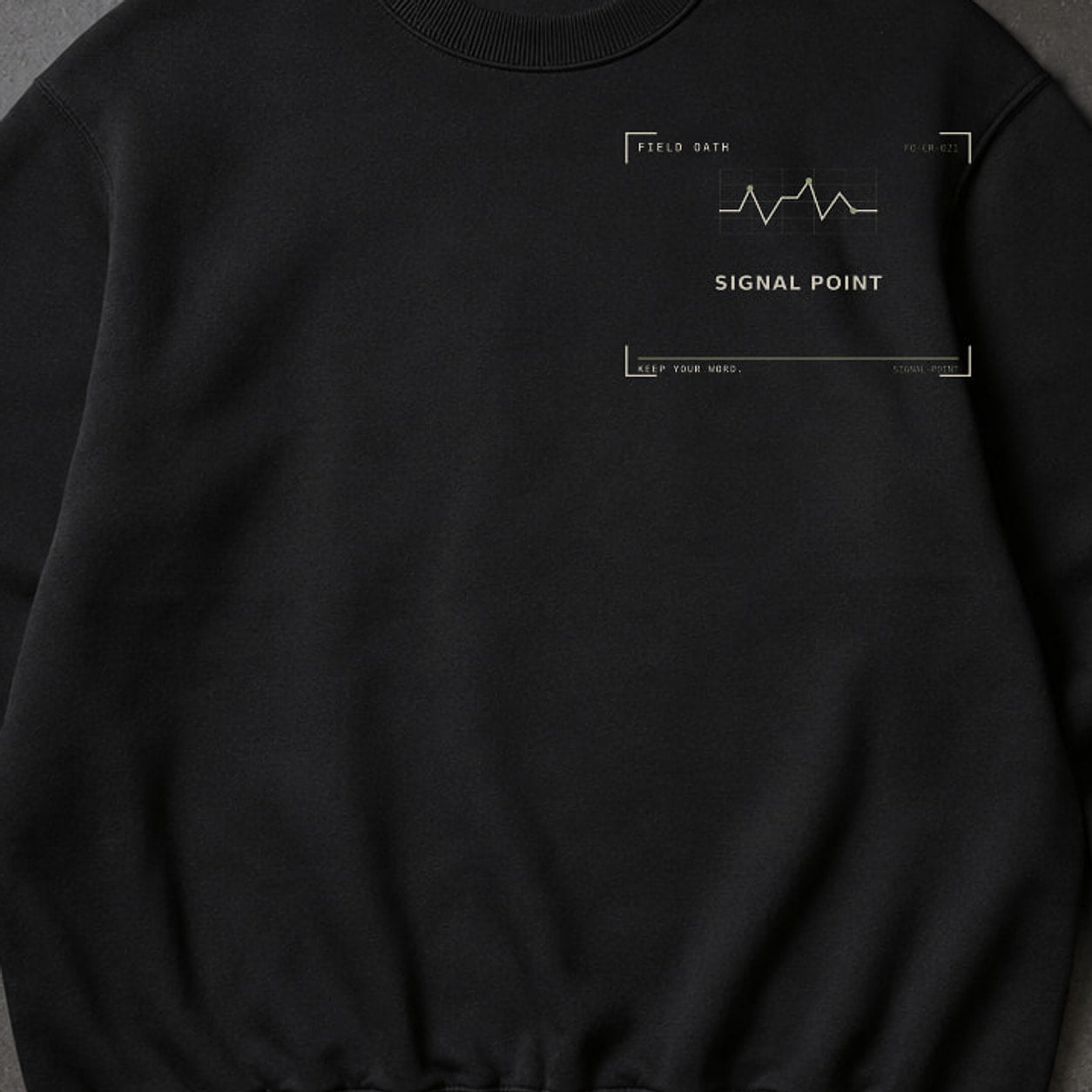 FIELD OATH Signal Point Crewneck close-up of original tactical artwork and fabric texture
