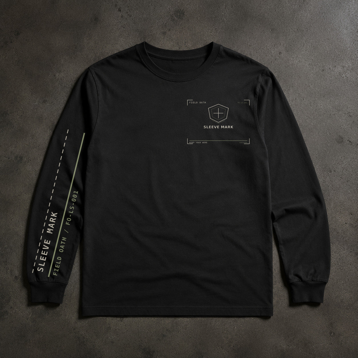 FIELD OATH Sleeve Mark Long Sleeve black long sleeve front artwork on dark concrete