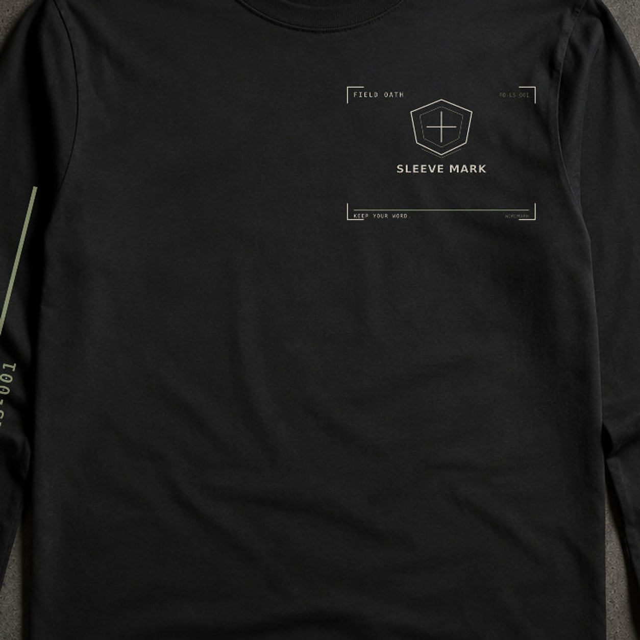 FIELD OATH Sleeve Mark Long Sleeve close-up of original tactical artwork and fabric texture