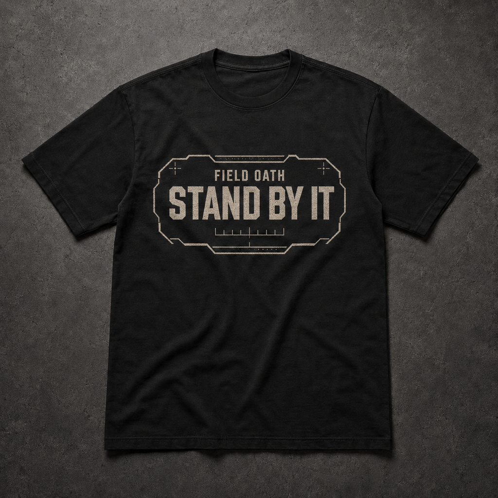 Black FIELD OATH Stand By It T-Shirt front flat lay with center-chest command graphic