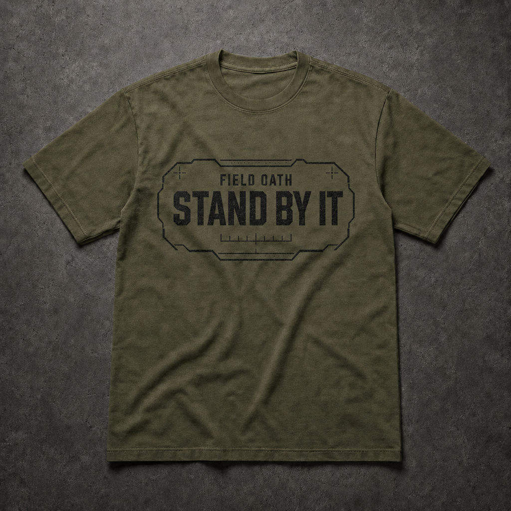 Field olive FIELD OATH Stand By It T-Shirt front flat lay with matching center-chest command graphic