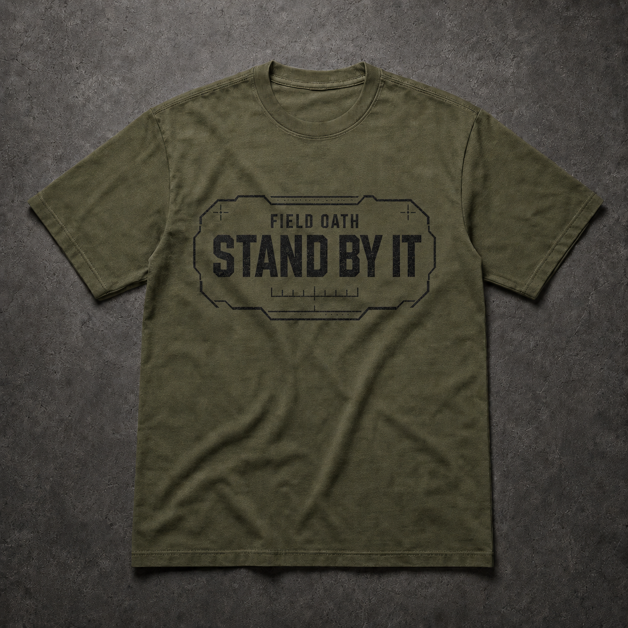 Field olive FIELD OATH Stand By It T-Shirt front flat lay with matching center-chest command graphic