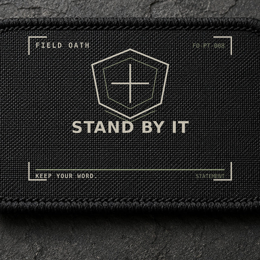 FIELD OATH Stand By It Patch close-up showing woven face, stitched border and embroidery detail