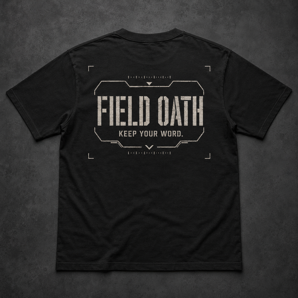 FIELD OATH Standard Mark T-Shirt back view in black with tactical FIELD OATH artwork