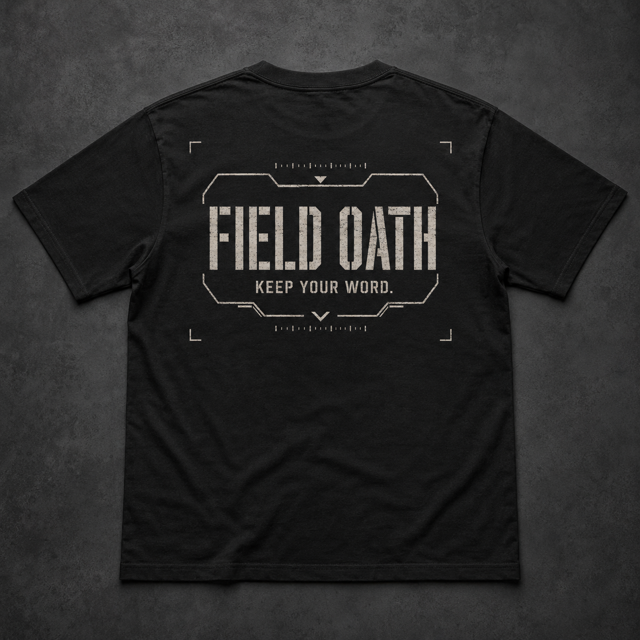 FIELD OATH Standard Mark T-Shirt back view in black with tactical FIELD OATH artwork