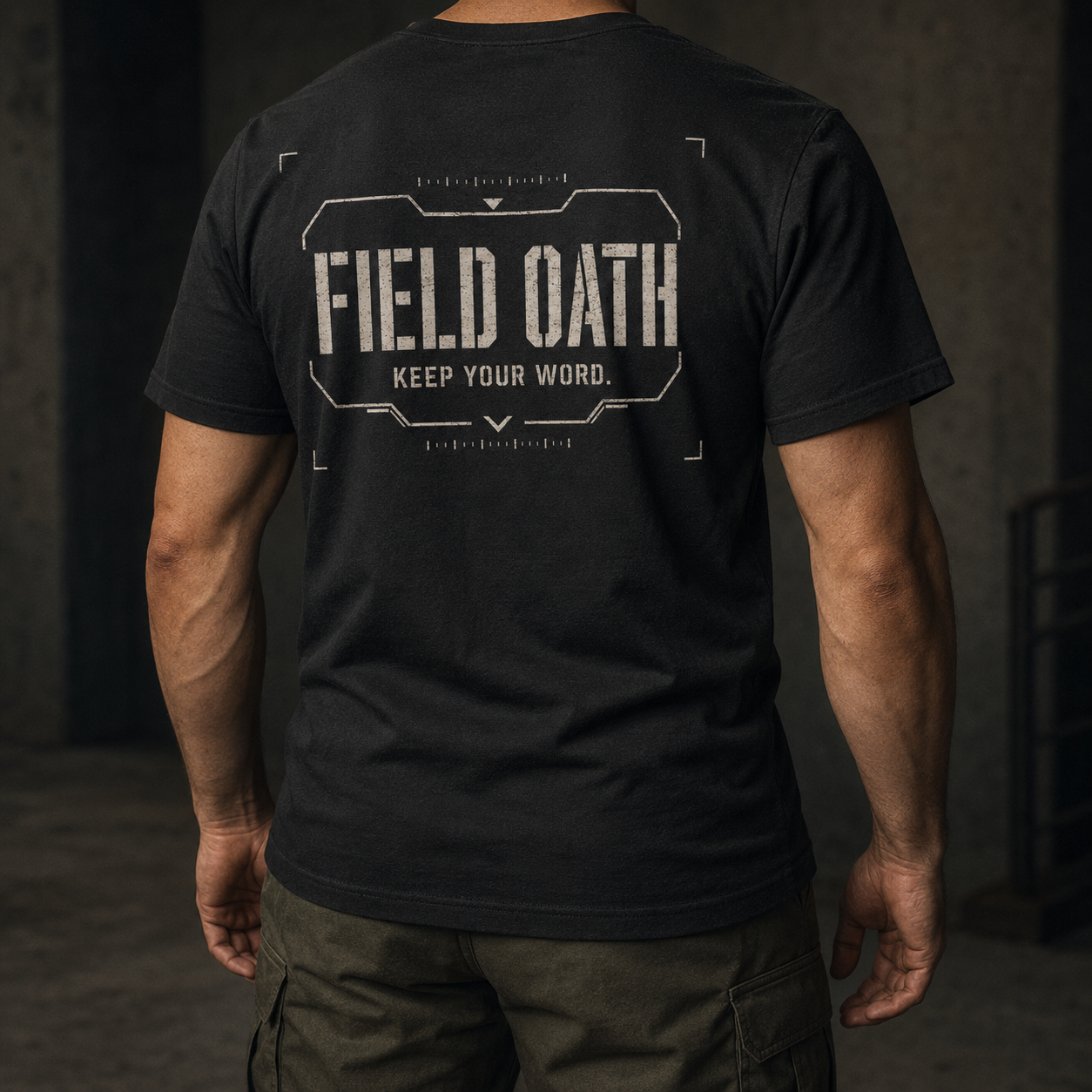 Black FIELD OATH Standard Mark T-Shirt worn from the back with tactical trousers
