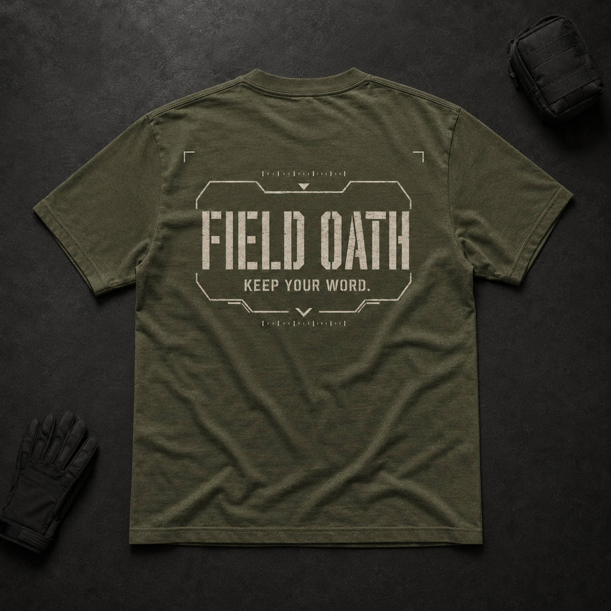 Field olive FIELD OATH Standard Mark T-Shirt back flat lay with tactical artwork