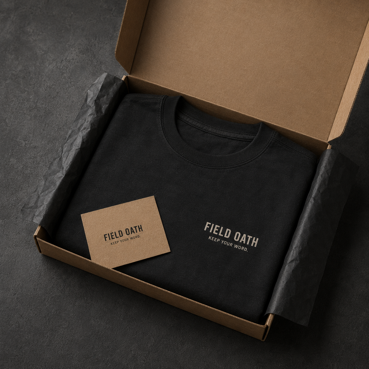 FIELD OATH Standard Mark T-Shirt folded in recyclable tactical apparel packaging