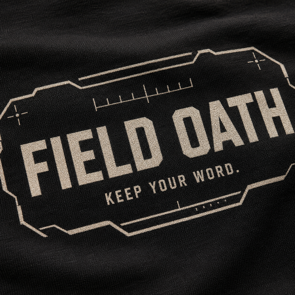 Close-up of FIELD OATH Standard Mark T-Shirt tactical screen print and cotton texture