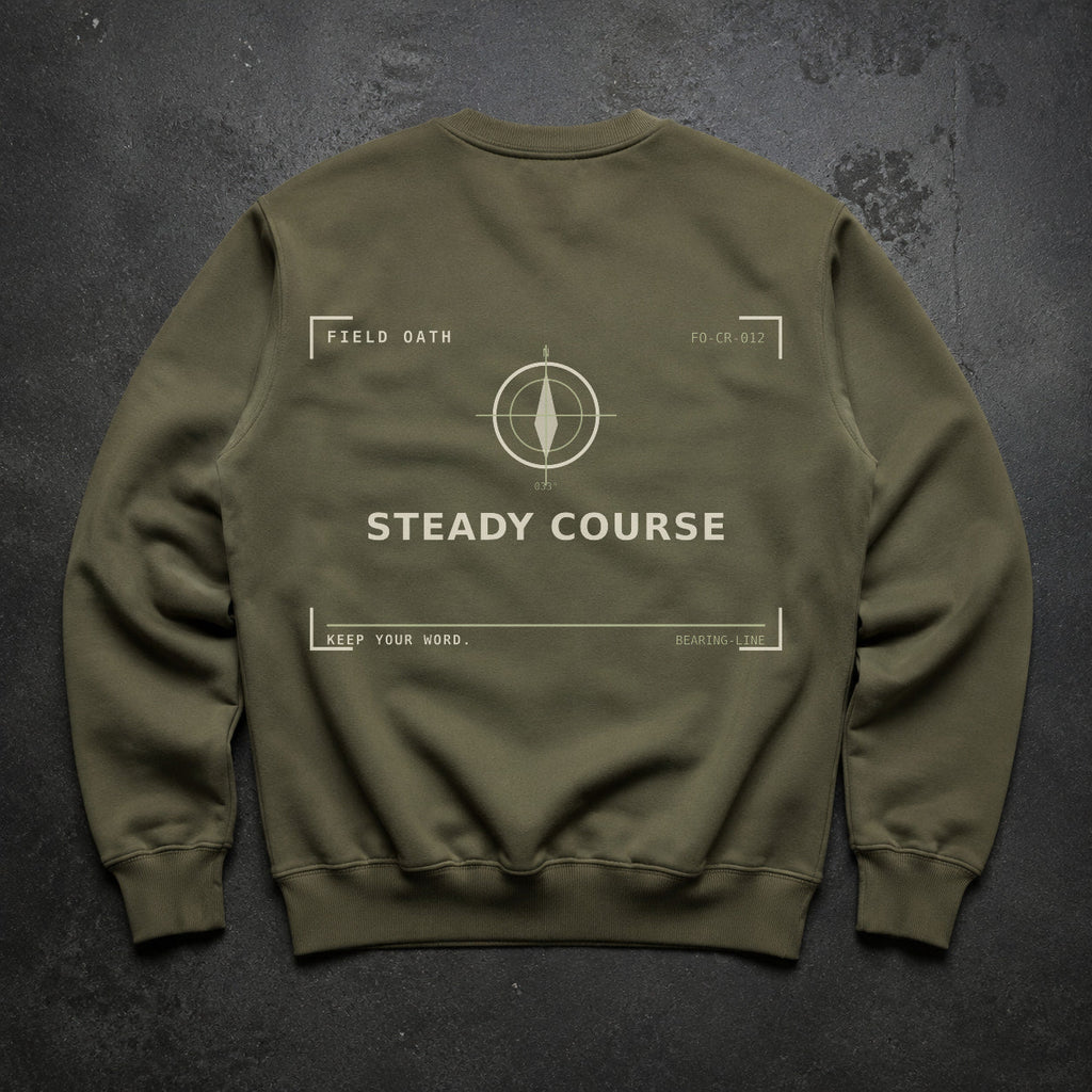 FIELD OATH Steady Course Crewneck field olive crewneck large back artwork on dark concrete