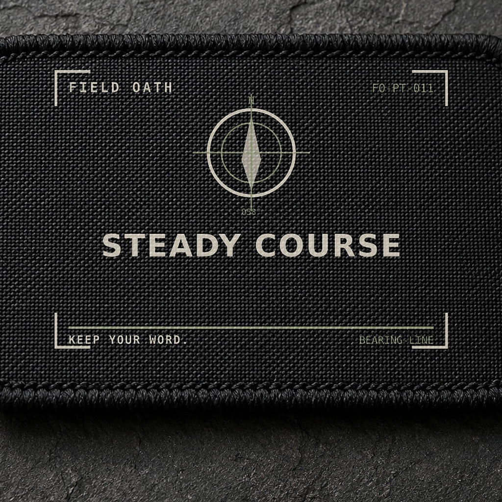 FIELD OATH Steady Course Patch close-up showing woven face, stitched border and embroidery detail