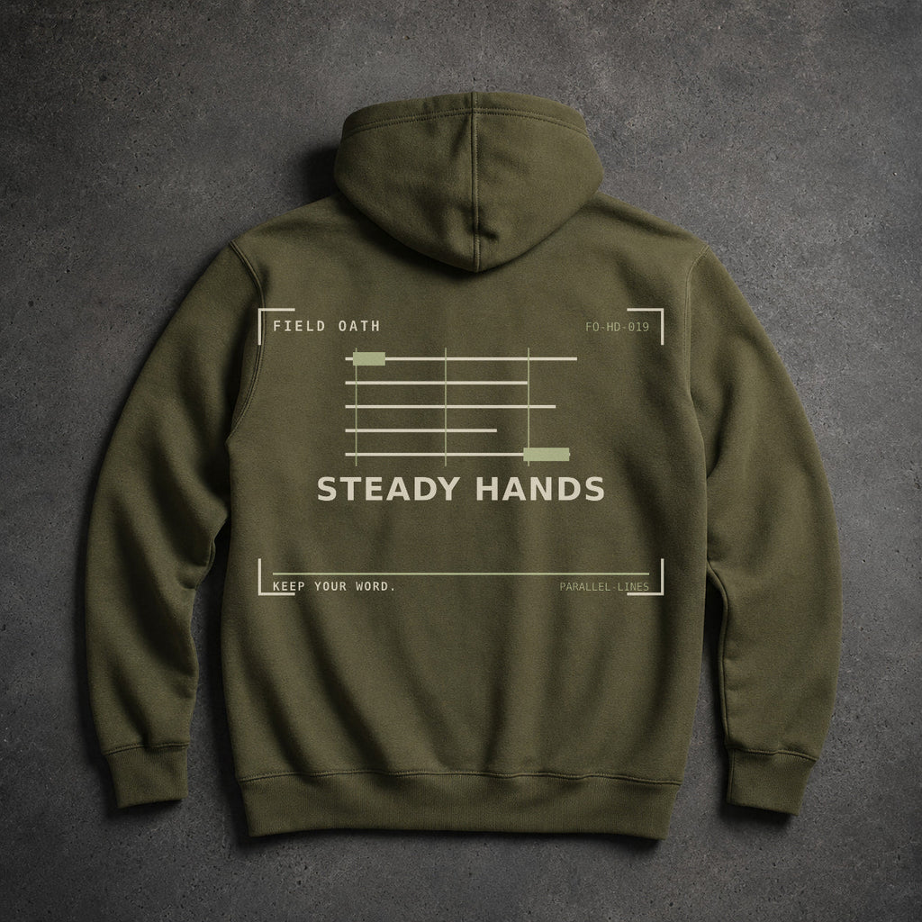 FIELD OATH Steady Hands Hoodie field olive hoodie large back artwork on dark concrete