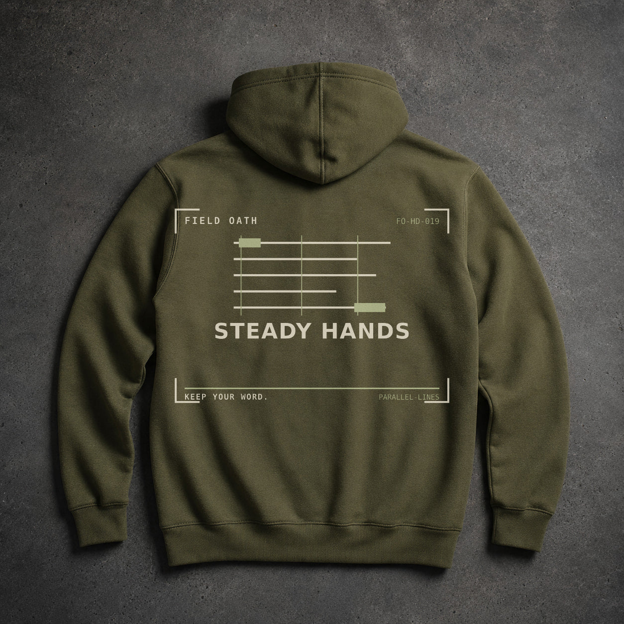 FIELD OATH Steady Hands Hoodie field olive hoodie large back artwork on dark concrete