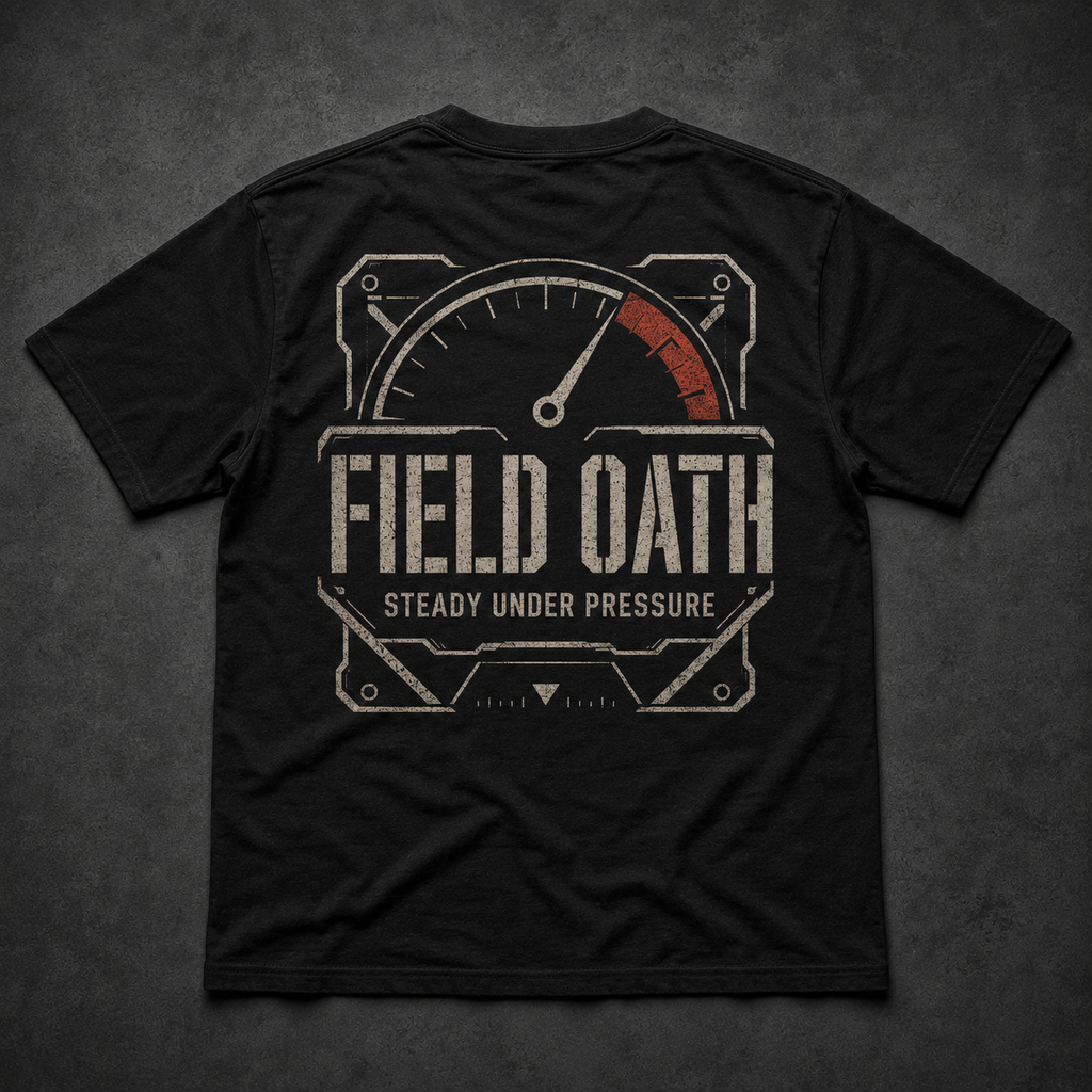 Black FIELD OATH Steady Under Pressure T-Shirt back flat lay with tactical load gauge artwork