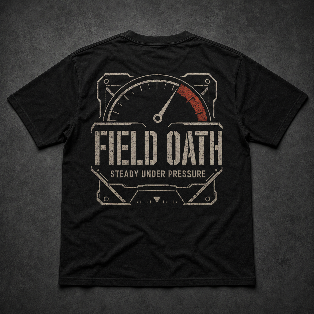 Black FIELD OATH Steady Under Pressure T-Shirt back flat lay with tactical load gauge artwork