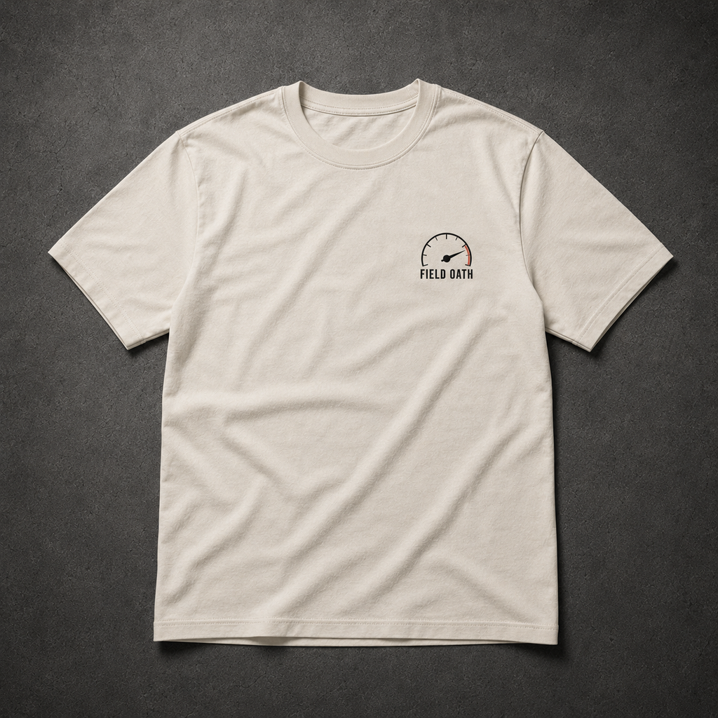 Bone FIELD OATH Steady Under Pressure T-Shirt front flat lay with chest gauge identifier
