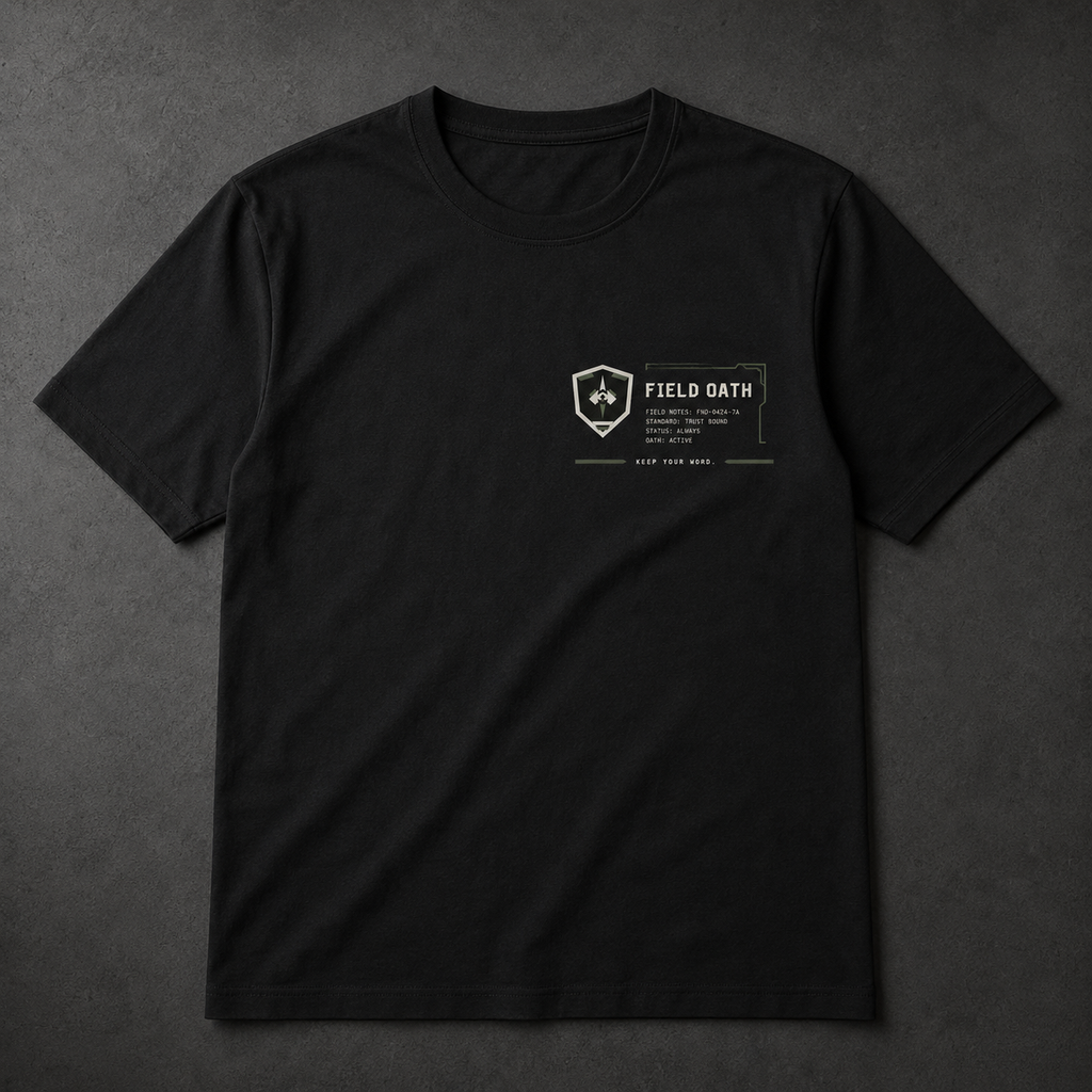 FIELD OATH Tactical Wordmark Block T-Shirt front view in black with FIELD OATH chest identifier