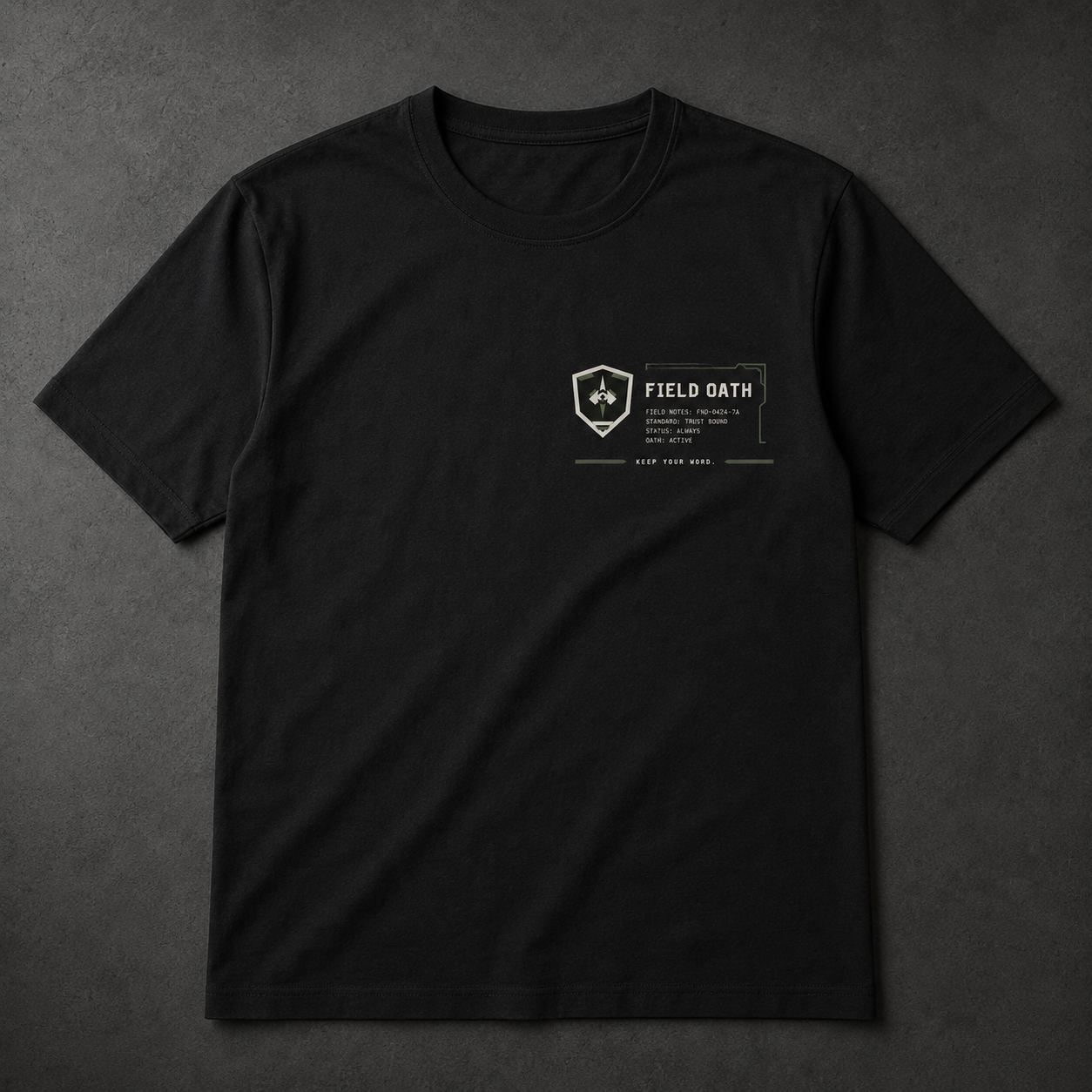 FIELD OATH Tactical Wordmark Block T-Shirt front view in black with FIELD OATH chest identifier
