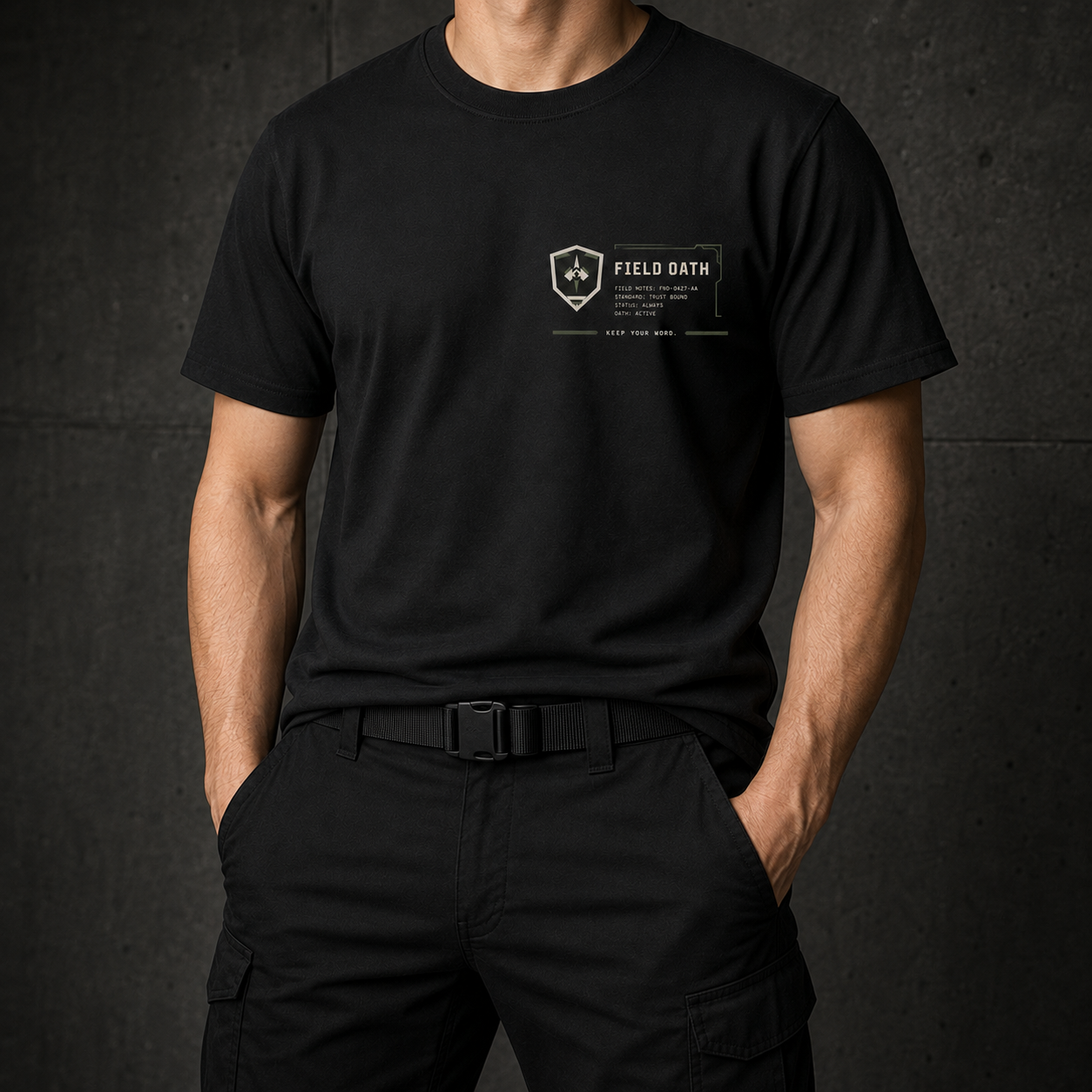 Black FIELD OATH Tactical Wordmark Block T-Shirt worn with tactical trousers without a visible face