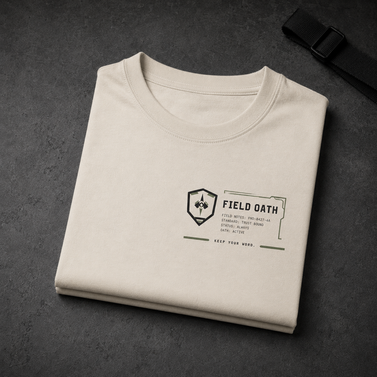 Bone FIELD OATH Tactical Wordmark Block T-Shirt folded on a dark concrete equipment table