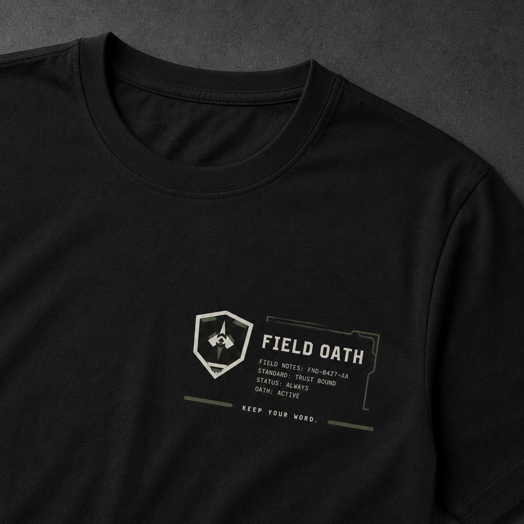 Black FIELD OATH Tactical Wordmark Block T-Shirt left-chest shield and wordmark detail
