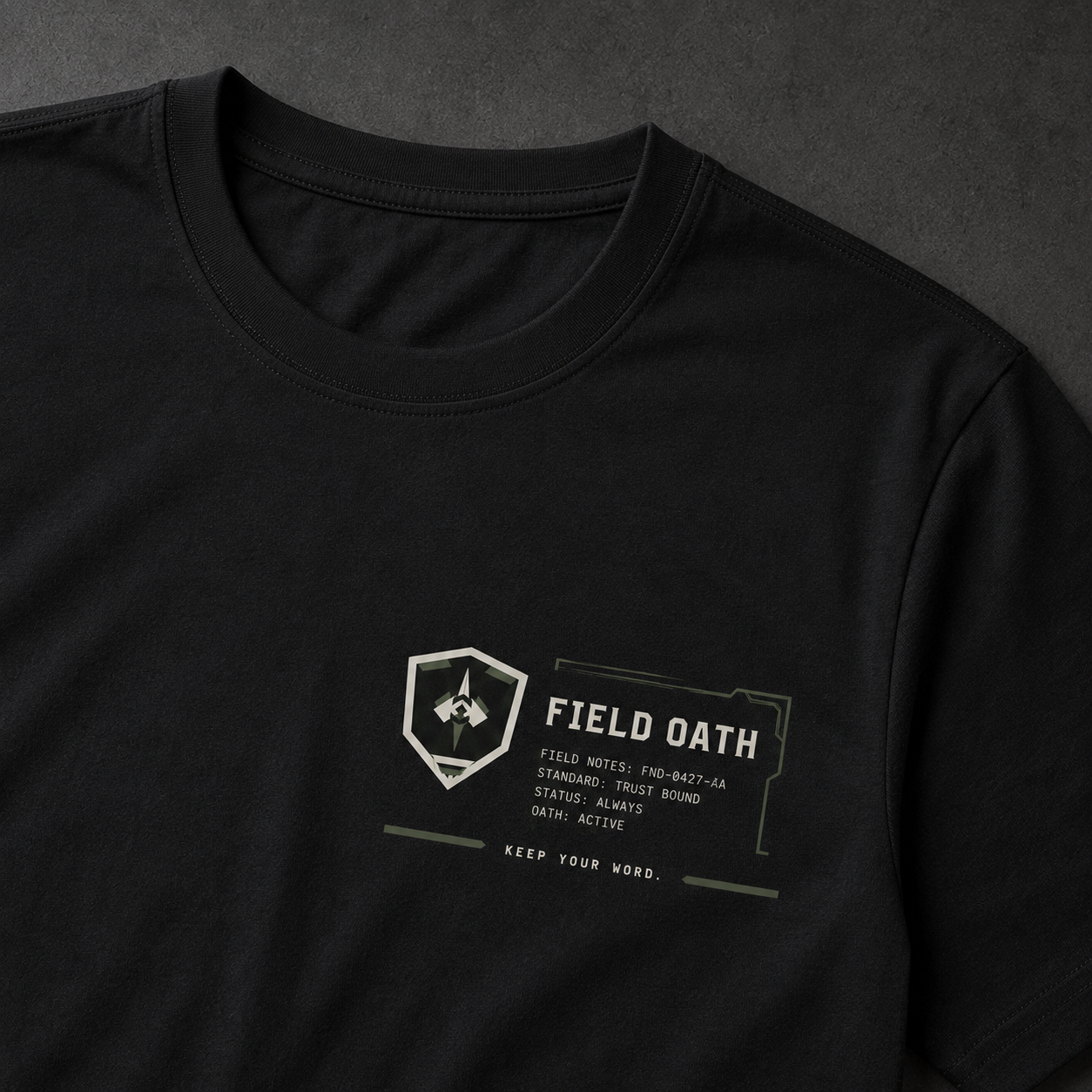 Black FIELD OATH Tactical Wordmark Block T-Shirt left-chest shield and wordmark detail