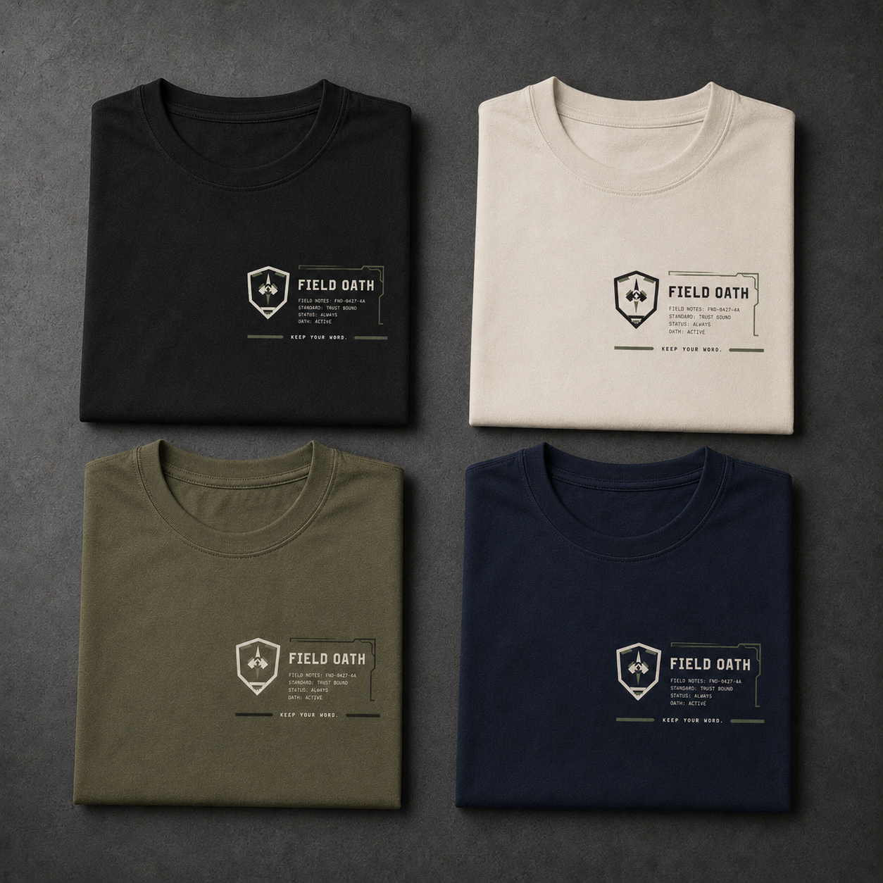 Black, bone, field olive and navy FIELD OATH Tactical Wordmark Block T-Shirt color comparison