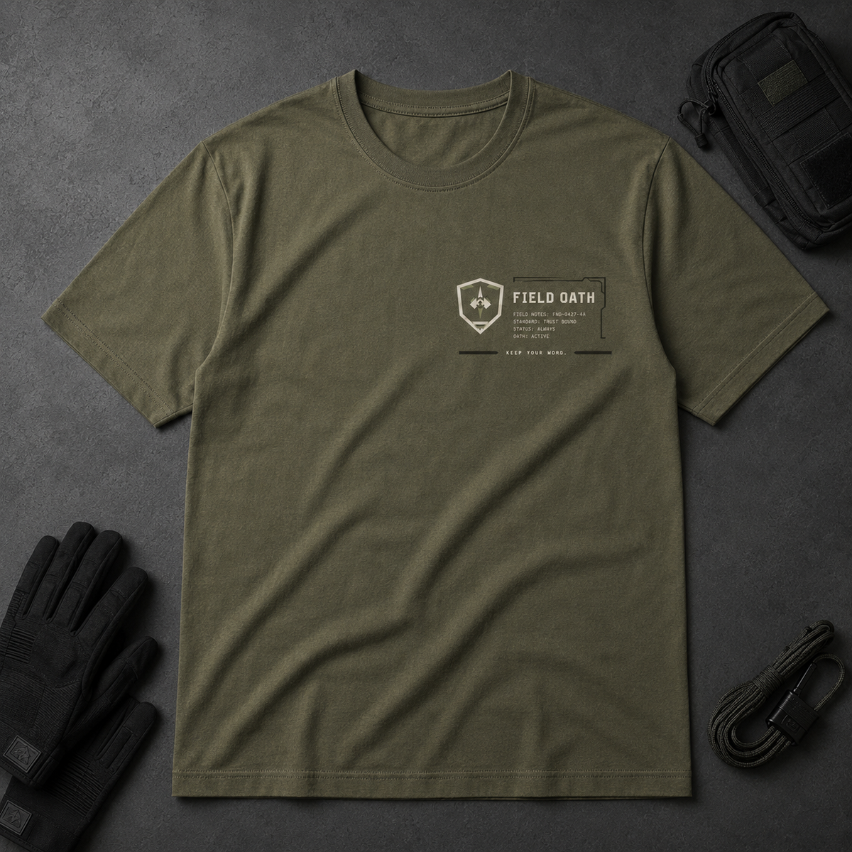 Field olive FIELD OATH Tactical Wordmark Block T-Shirt tactical flat lay with gloves and radio pouch