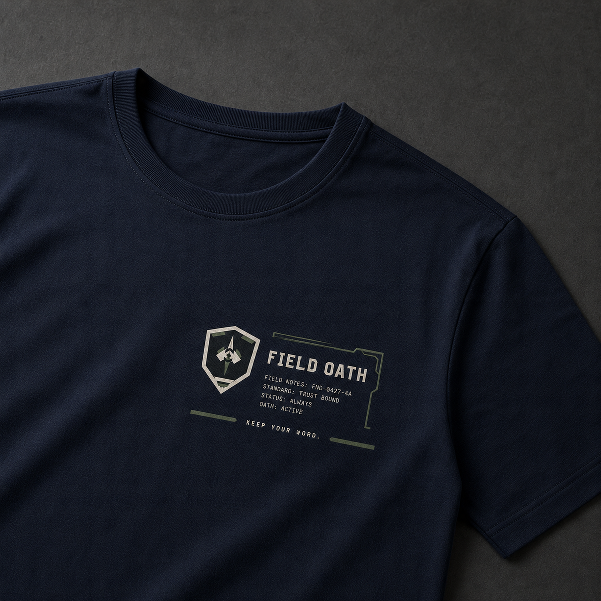 Navy FIELD OATH Tactical Wordmark Block T-Shirt collar, sleeve and 160 gsm cotton detail
