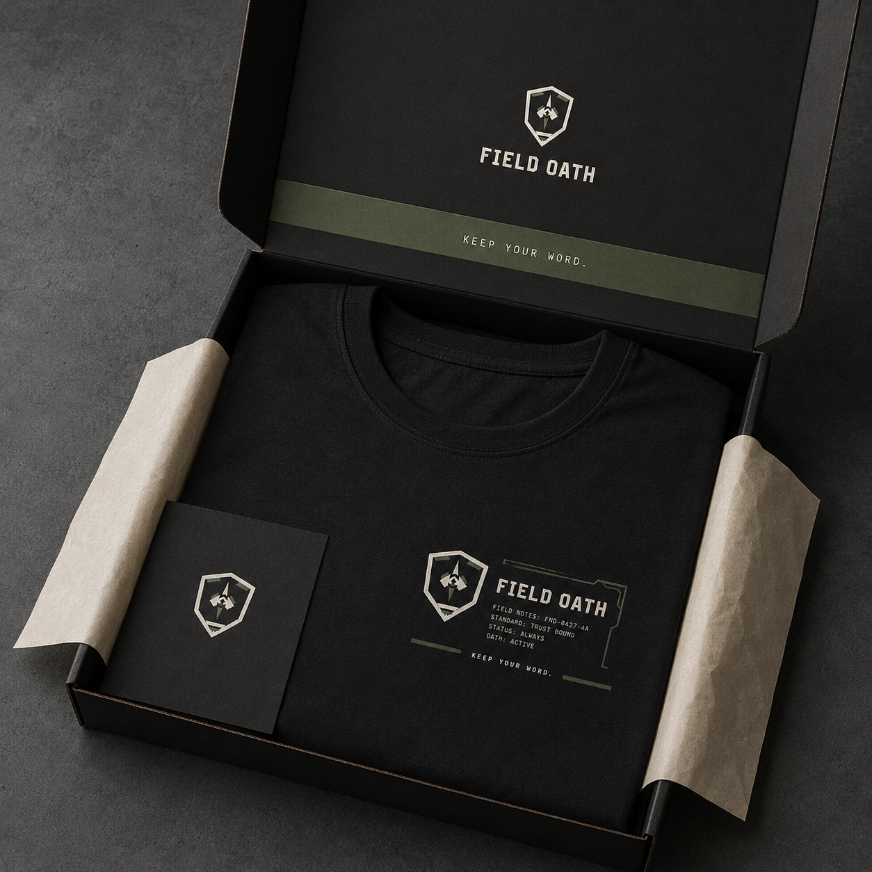 FIELD OATH Tactical Wordmark Block T-Shirt folded inside premium FIELD OATH tactical packaging
