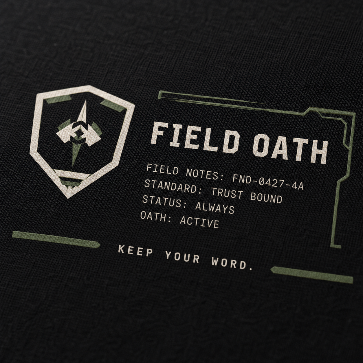 Close-up of FIELD OATH Tactical Wordmark Block T-Shirt military line art and technical typography