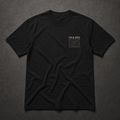 Black FIELD OATH Terrain First T-Shirt front flat lay with topographic chest identifier