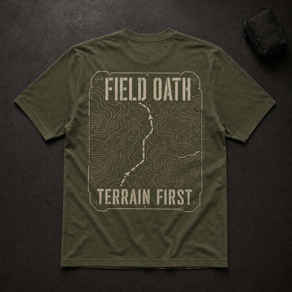 Field olive FIELD OATH Terrain First T-Shirt back flat lay with contour map and marked movement lane graphic